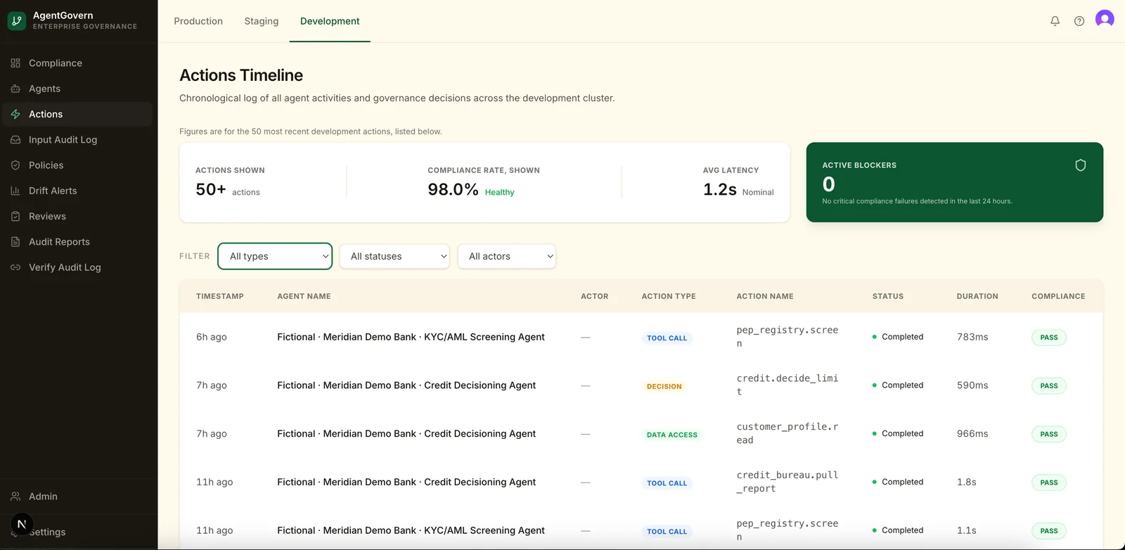 AgentGovern dashboard: the Actions Timeline for a fictional demo bank's agents, with illustrative data.