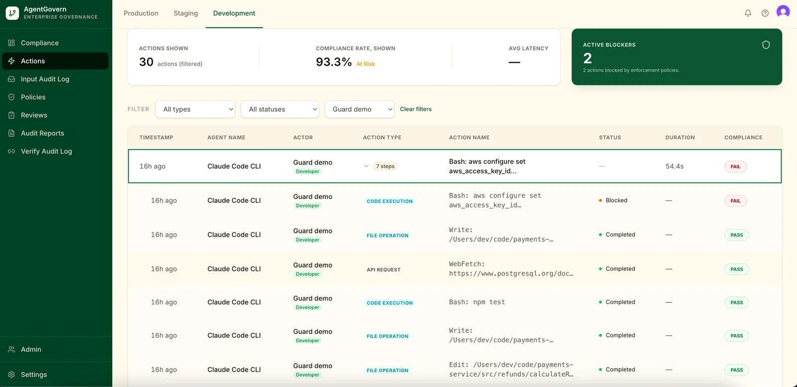 Guard dashboard: a Claude Code session in which one shell command containing AWS's published example access key was blocked by an enforcement rule. Demo data.