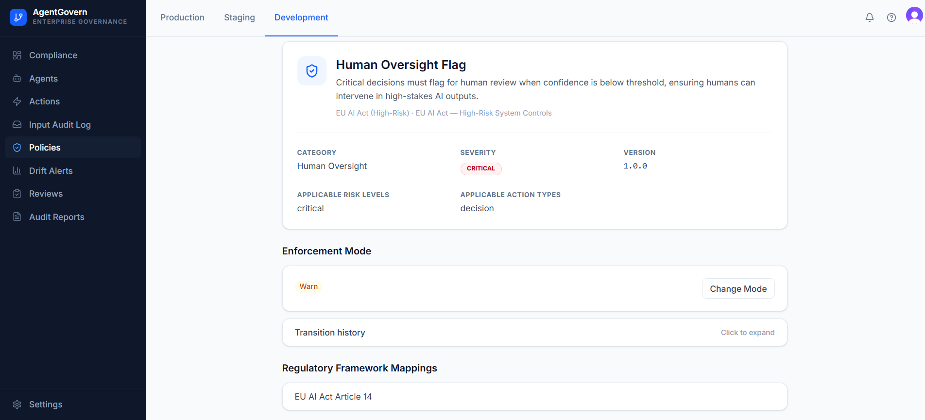 AgentGovern policy detail page showing Human Oversight Flag policy with enforcement mode configuration